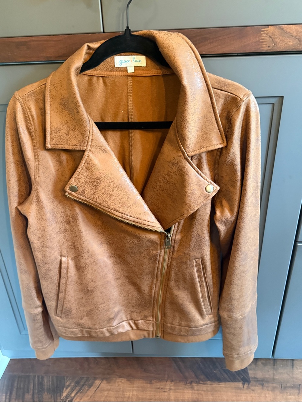 Grace & Lace Cognac Faux Leather Asymmetrical Zip Jacket